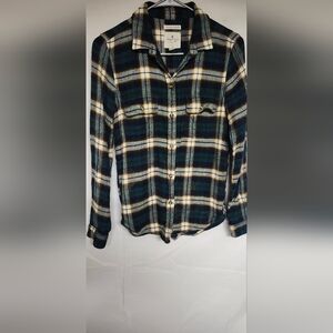 American Eagle Outfitters Womens Plaid Shirt - Green, White, and Yellow